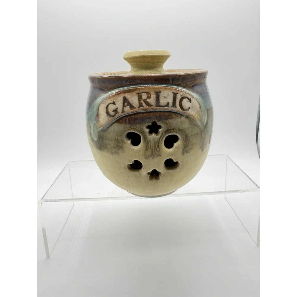 Large Handmade Detailed Stonewear Garlic Keeper Country Cottagecore Signed